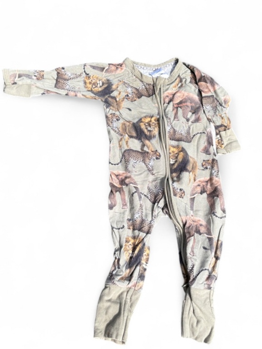 3-6 Months Bonds | Safari Animals Double Zip One-Piece - Fold Over Hands & Feet